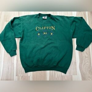 Vtg 90s Lee Green Crewneck Sweater with Embroidery Clifton NJ Women’s Large